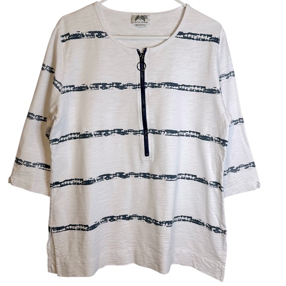 Wild Palms 100% Cotton Half Zip White Blue Striped Top Sweatshirt Large Nautical - Picture 1 of 11
